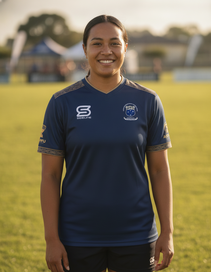 Samoa supporter in the ASRFU navy and gold dri-fit tee